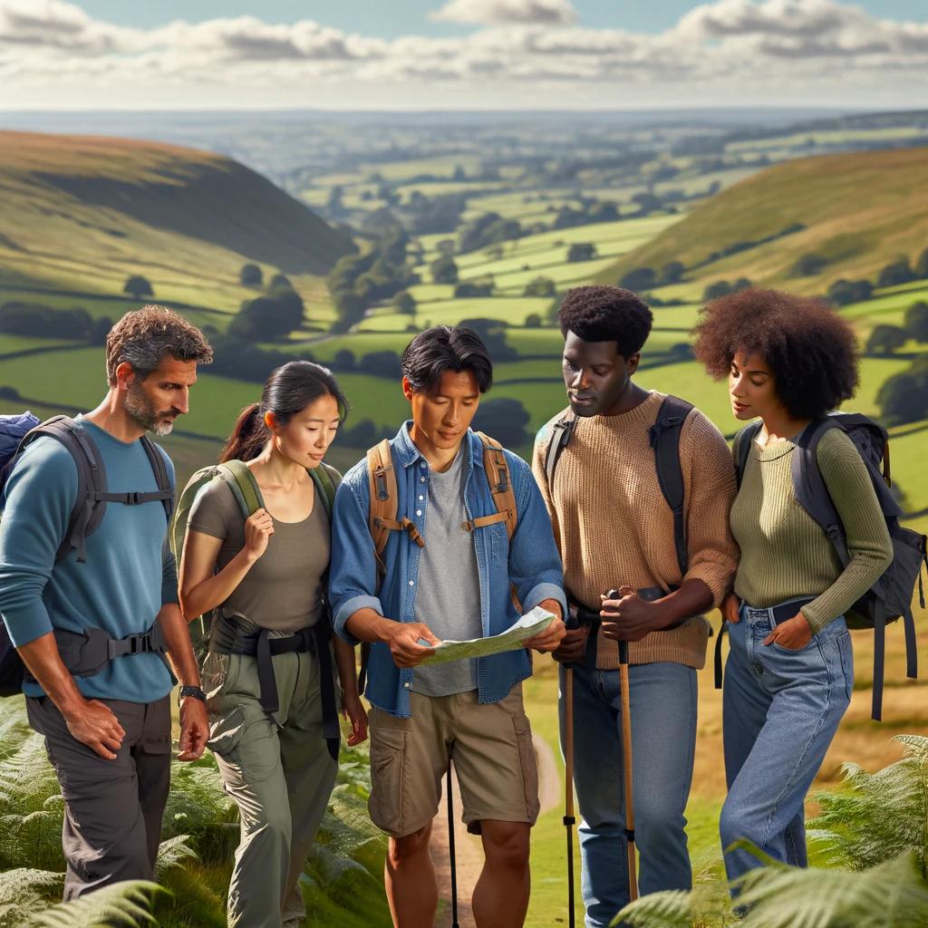 diverse group of people looking at a map